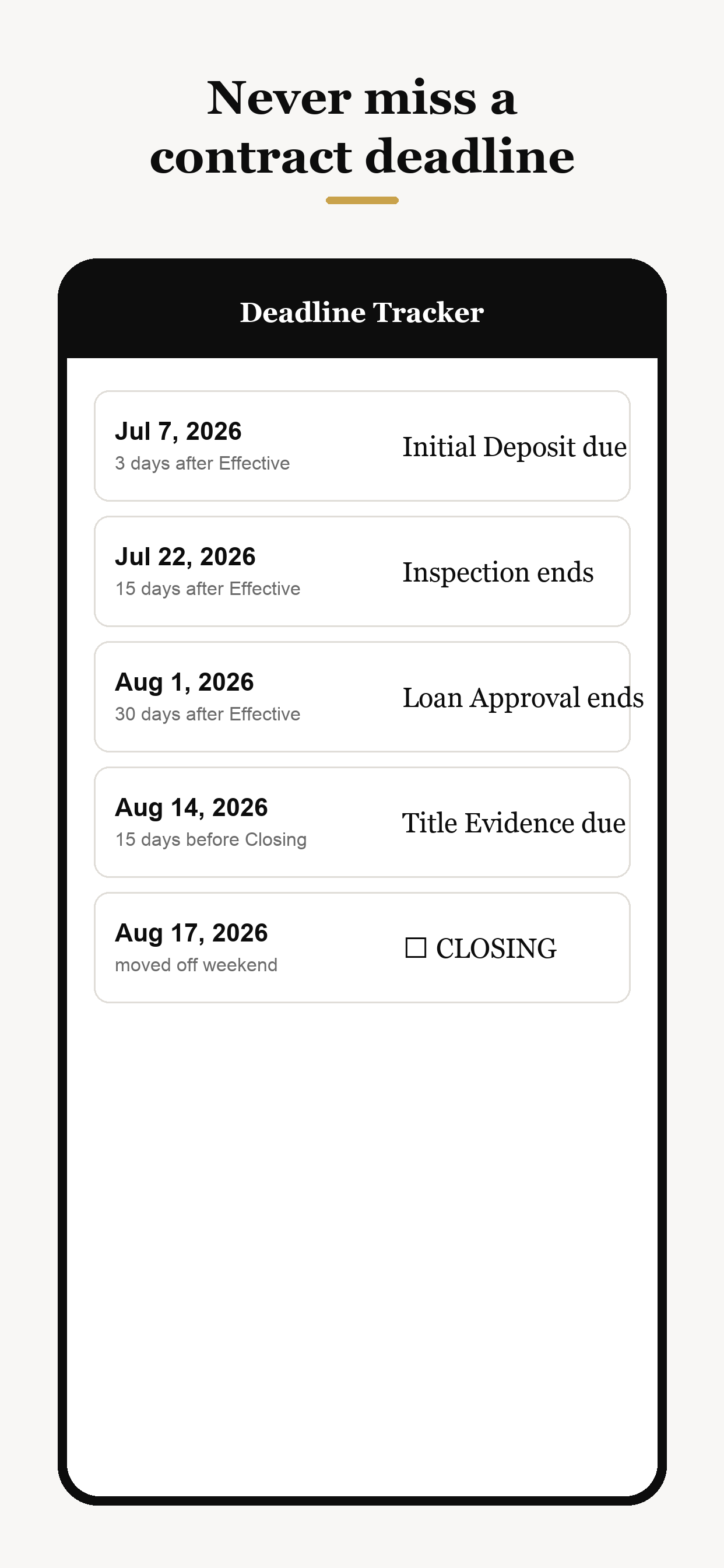 Closing deadline tracker screen in the Divito Real Estate app